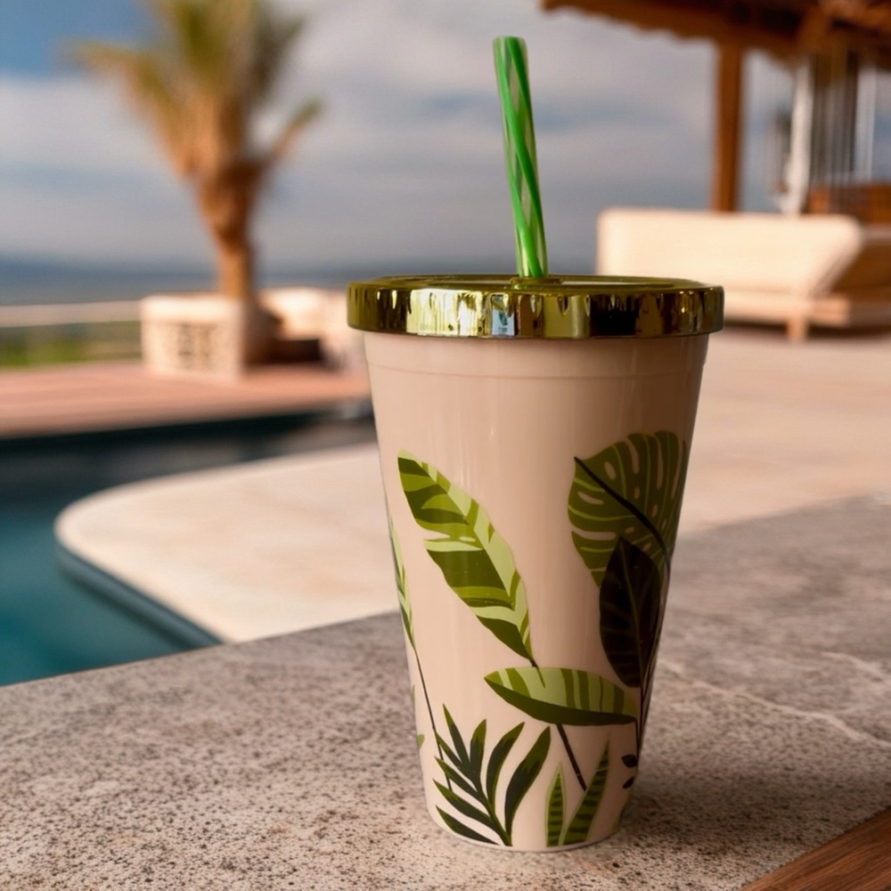 Leafy Green and Cream Tumbler with Straw